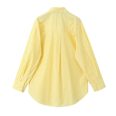 Oriana Pastel Yellow Striped Print Long Sleeve Buttons Up Top