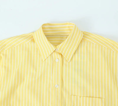 Oriana Pastel Yellow Striped Print Long Sleeve Buttons Up Top