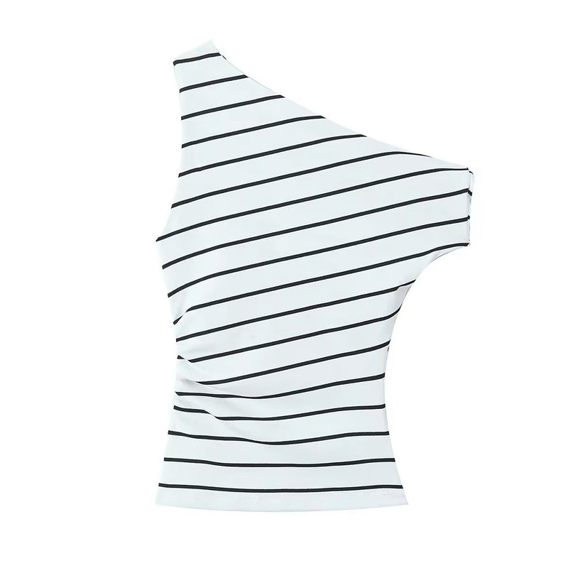 Izendra Black and White Stripes Asymmetrical Design Tank Top