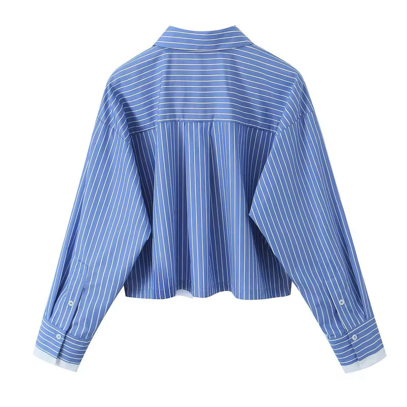 Naveen Blue Striped Print Turn Down Collar Long Sleeve Tops