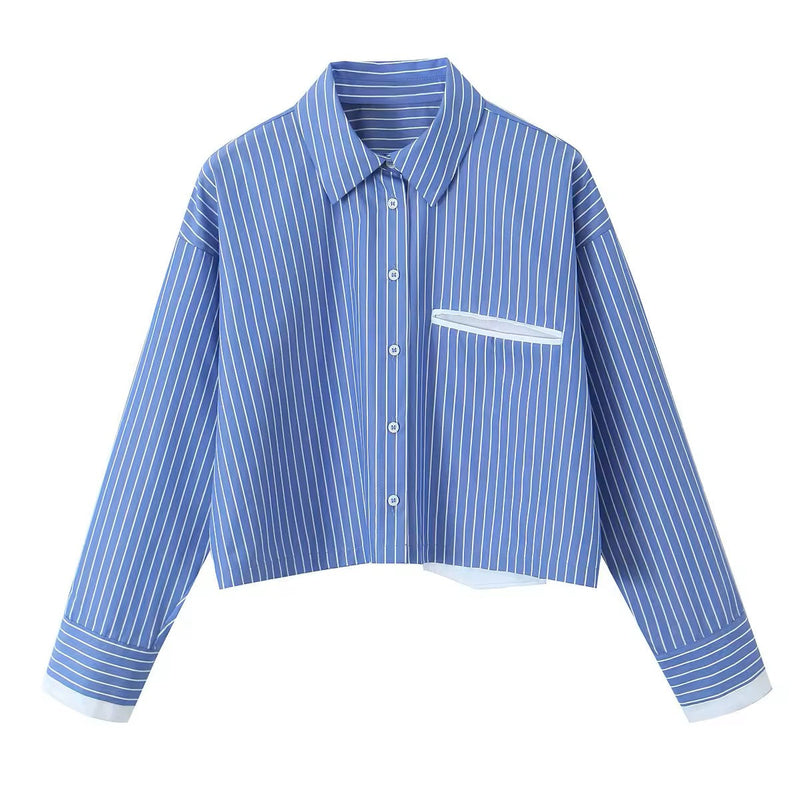 Naveen Blue Striped Print Turn Down Collar Long Sleeve Tops