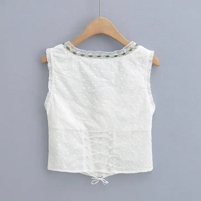 Zahira White Eyelet Lace Up Hook Closure Front Bow Sleeveless Top