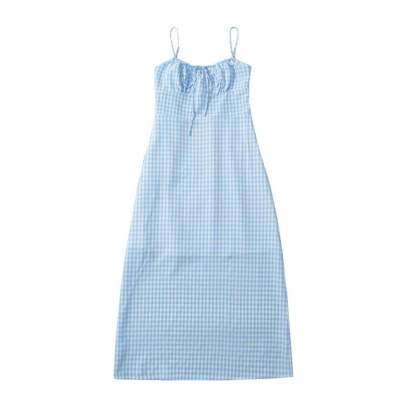 Santal Powder Blue Gingham Print Ruched Bust Midi dress