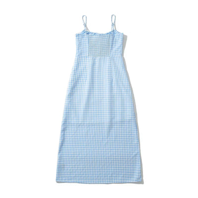 Santal Powder Blue Gingham Print Ruched Bust Midi dress