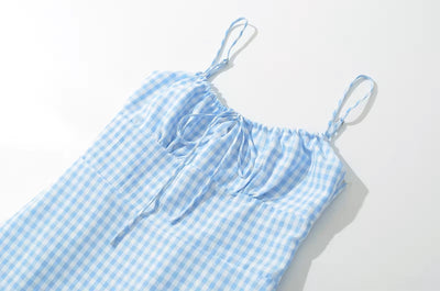 Santal Powder Blue Gingham Print Ruched Bust Midi dress