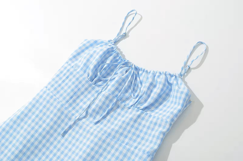 Santal Powder Blue Gingham Print Ruched Bust Midi dress