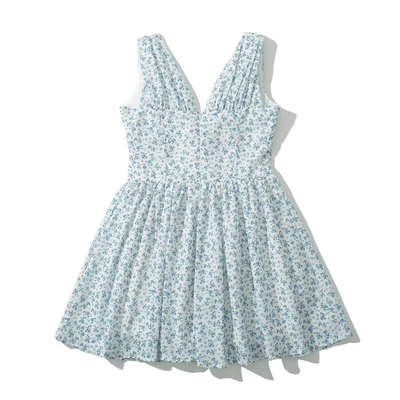 Yvain Powder Blue Floral Print V-Neck Mini Dress