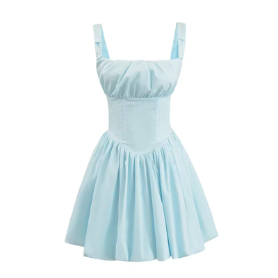 Reinica Pastel Blue Square Collar Pleated Mini Dress