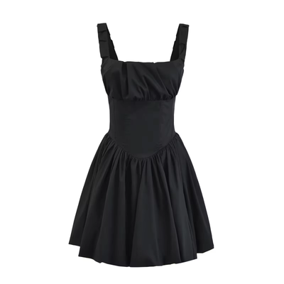 Reinica Black Square Collar Pleated Mini Dress