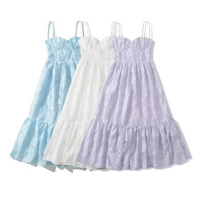 Veronique Pastel Blue Pattern Bustier Midi Layered Dress