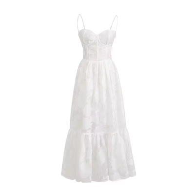 Veronique White Floral Pattern Bustier Midi Layered Dress