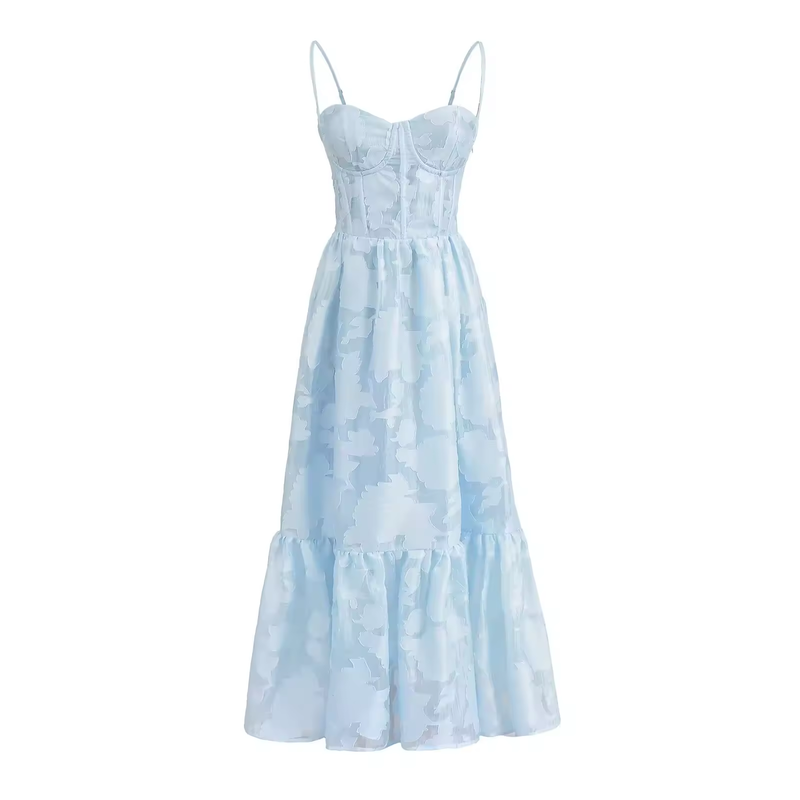 Veronique Pastel Blue Pattern Bustier Midi Layered Dress