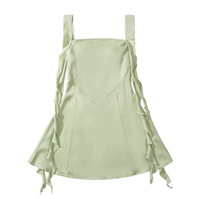 Artemis Sage Green Holiday Style Ruffled Ribbon A-Line Mini Dress