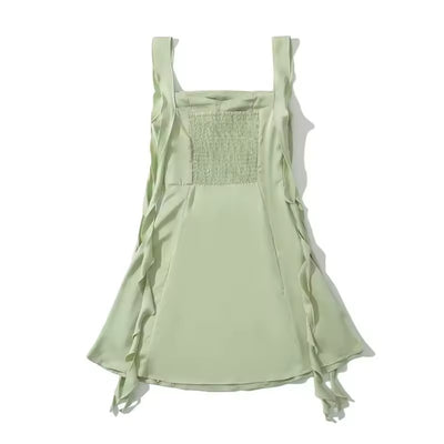 Artemis Sage Green Holiday Style Ruffled Ribbon A-Line Mini Dress