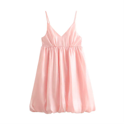 Zelie Pastel Pink V-Neck Pleated Mini Dress