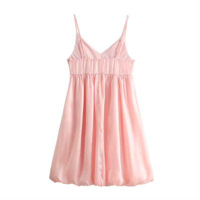 Zelie Pastel Pink V-Neck Pleated Mini Dress