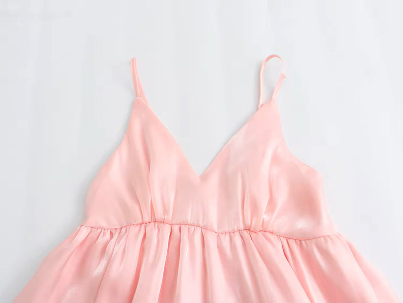 Zelie Pastel Pink V-Neck Pleated Mini Dress