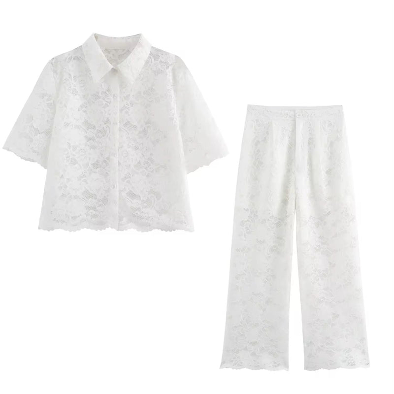 Charvi White Floral Lace Turn Down Collar Short Sleeve Top Square Pants 2 Piece Set