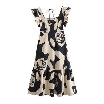 Emrys Beige Floral Print Square Collar Back Lace Up Midi Dress