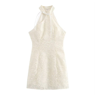 Saire Beige Embroided Floral Sleeveless Crew Neck Mini Dress