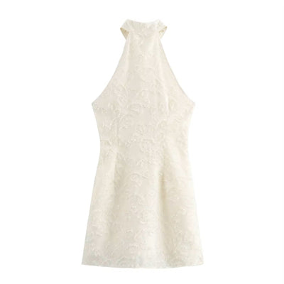 Saire Beige Embroided Floral Sleeveless Crew Neck Mini Dress