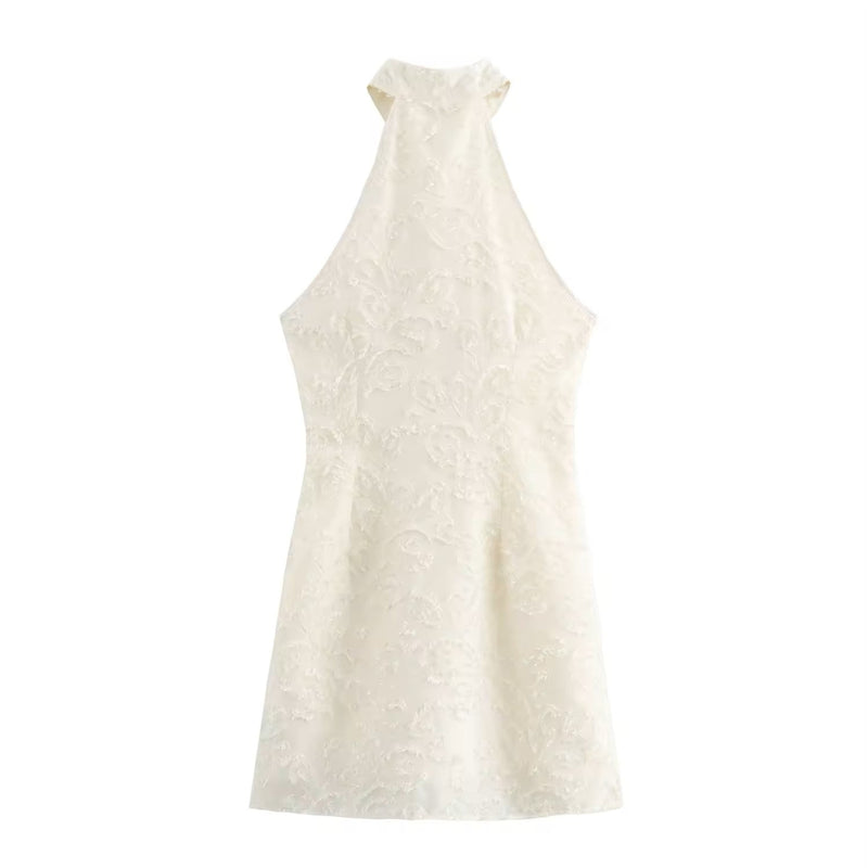 Saire Beige Embroided Floral Sleeveless Crew Neck Mini Dress