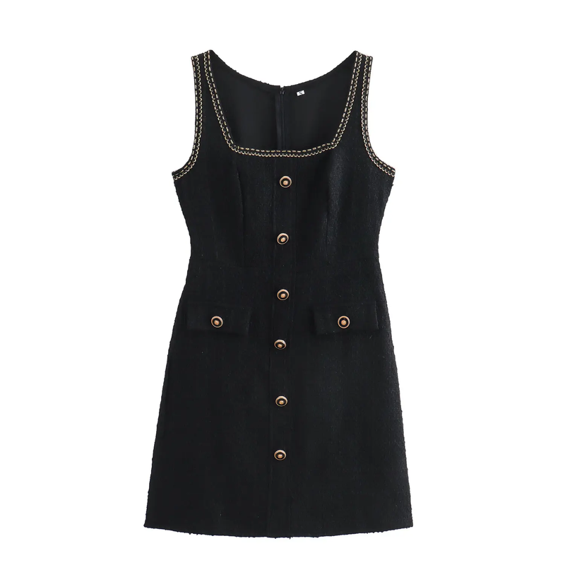 Sitti Black Square Collar Buttons Up Sleeveless Mini Dress