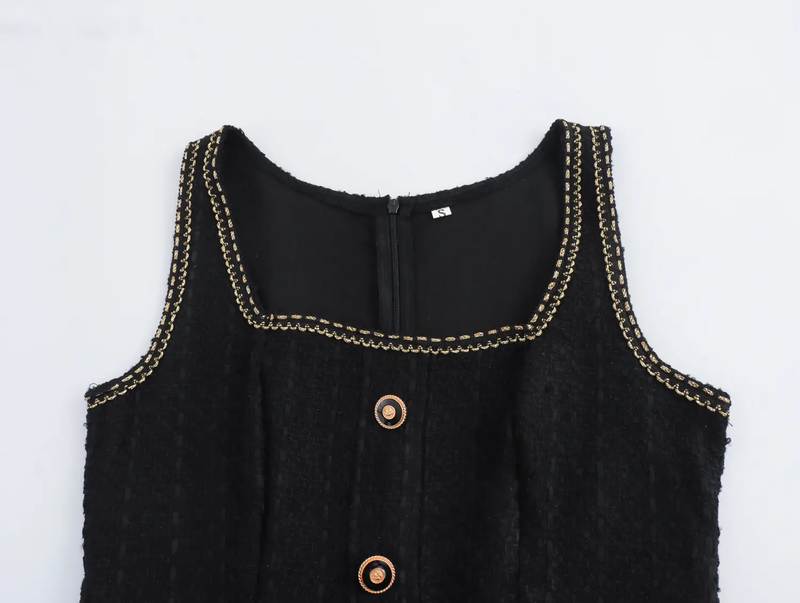 Sitti Black Square Collar Buttons Up Sleeveless Mini Dress