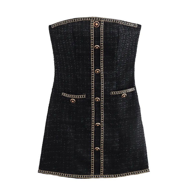 Elkie Black Tube Tweed Buttons Up Mini Dress