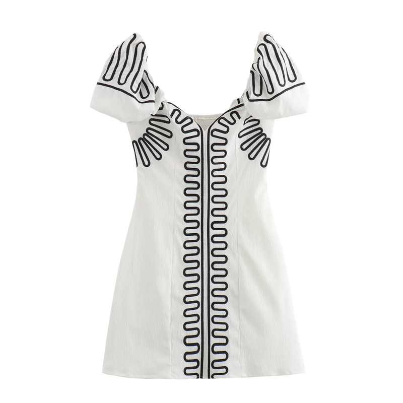 Denny White With Black Embroidery Shortsleeve Square Collar Mini Dress