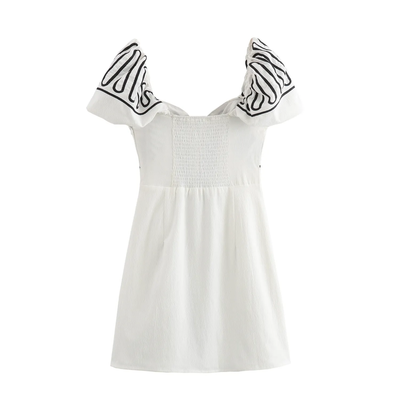 Denny White With Black Embroidery Shortsleeve Square Collar Mini Dress