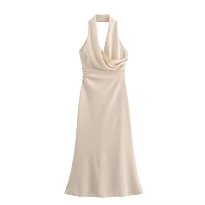 Cambria Beige  Back Hollow Out Cowl Neck Midi Dress