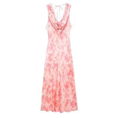 Diodora Pink Tie-Dye Cowl Neck Hollow Out Back Midi Dress