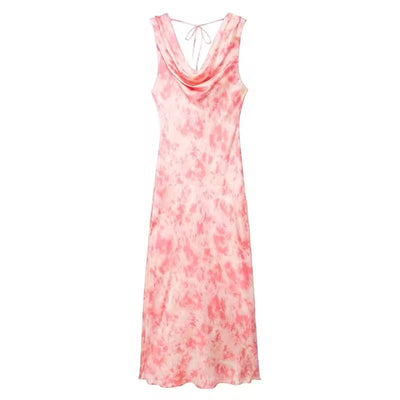 Diodora Pink Tie-Dye Cowl Neck Hollow Out Back Midi Dress