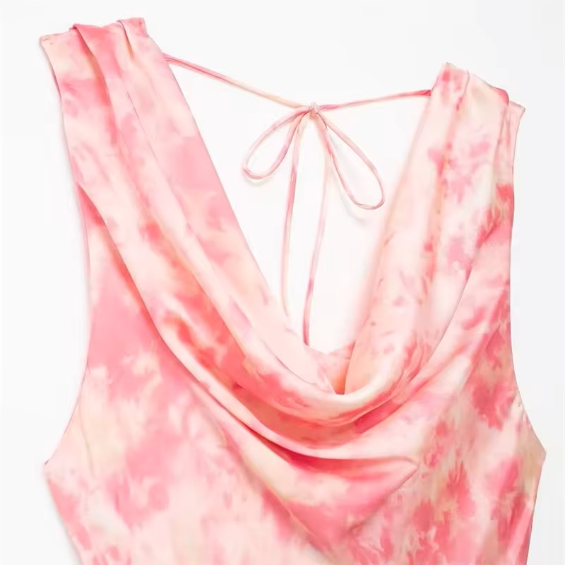 Diodora Pink Tie-Dye Cowl Neck Hollow Out Back Midi Dress