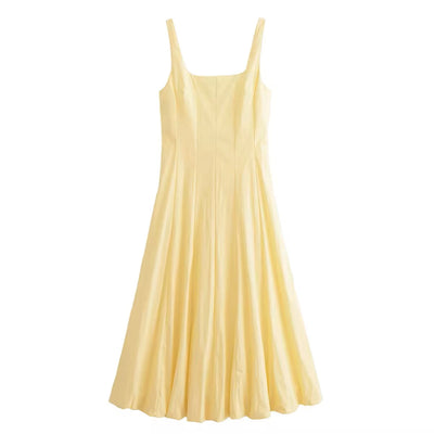 Saab Pastel Yellow Pleated Baloon Midi Dress