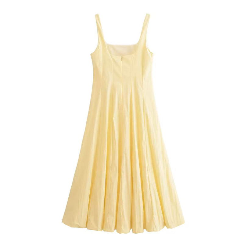 Saab Pastel Yellow Pleated Baloon Midi Dress