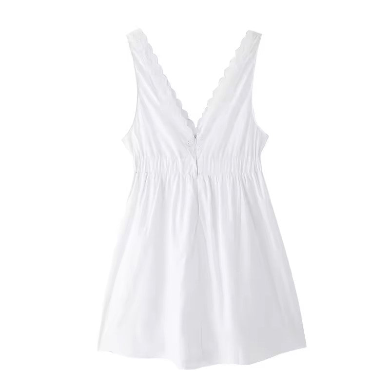 Bare White V - Neck  Embroided Panel Mini Dress