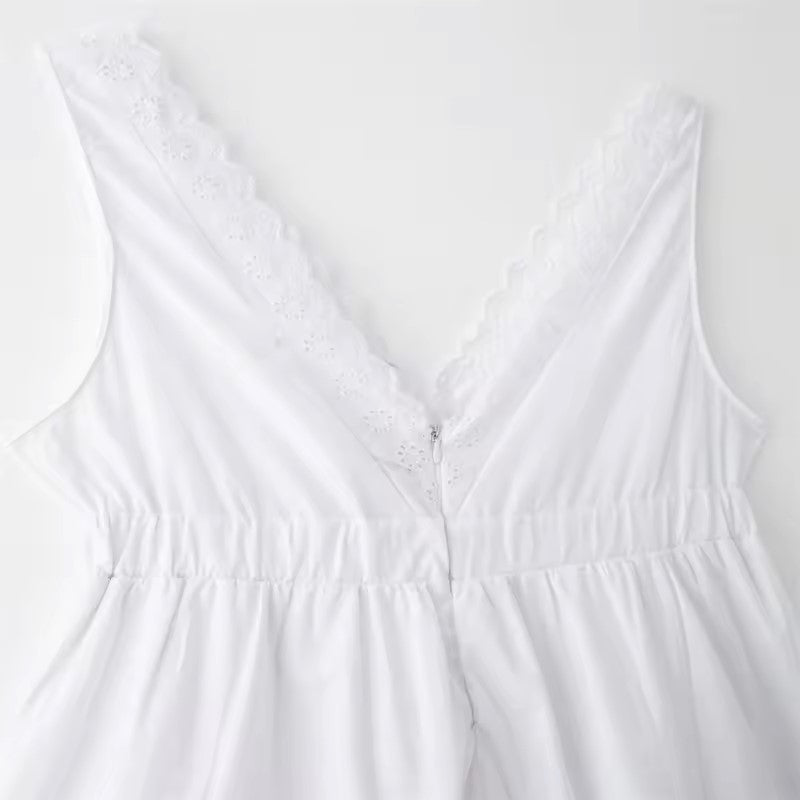 Bare White V - Neck  Embroided Panel Mini Dress