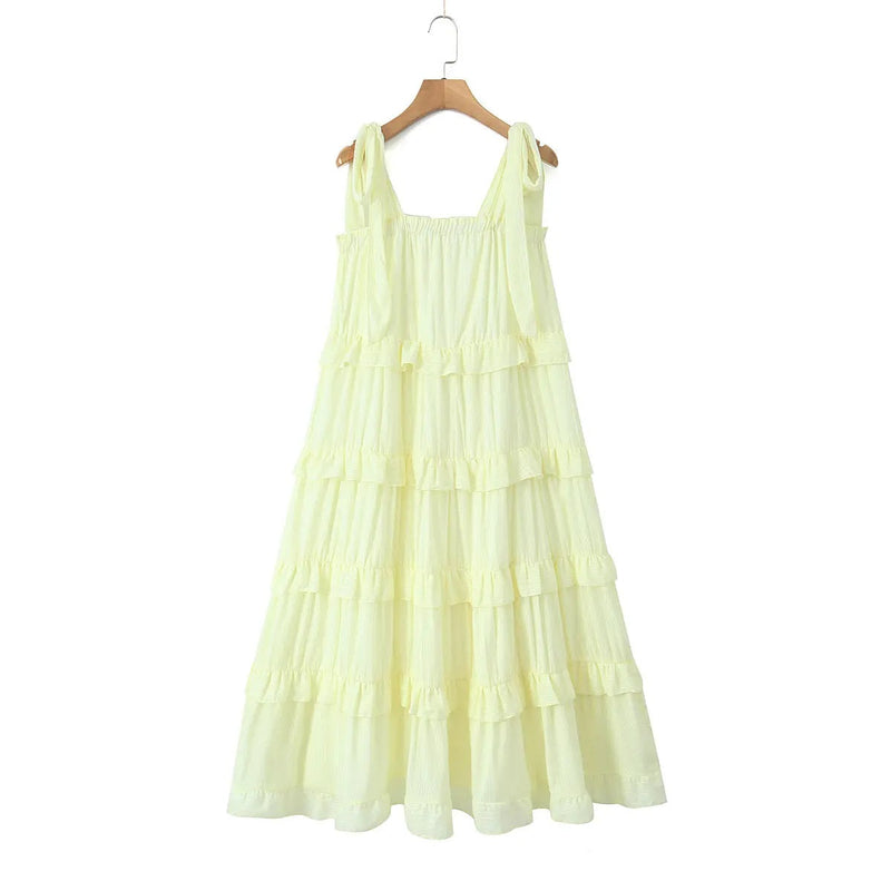 Arzhel Pastel Yellow Shoulder Strap Patchwork Design Midi Dress