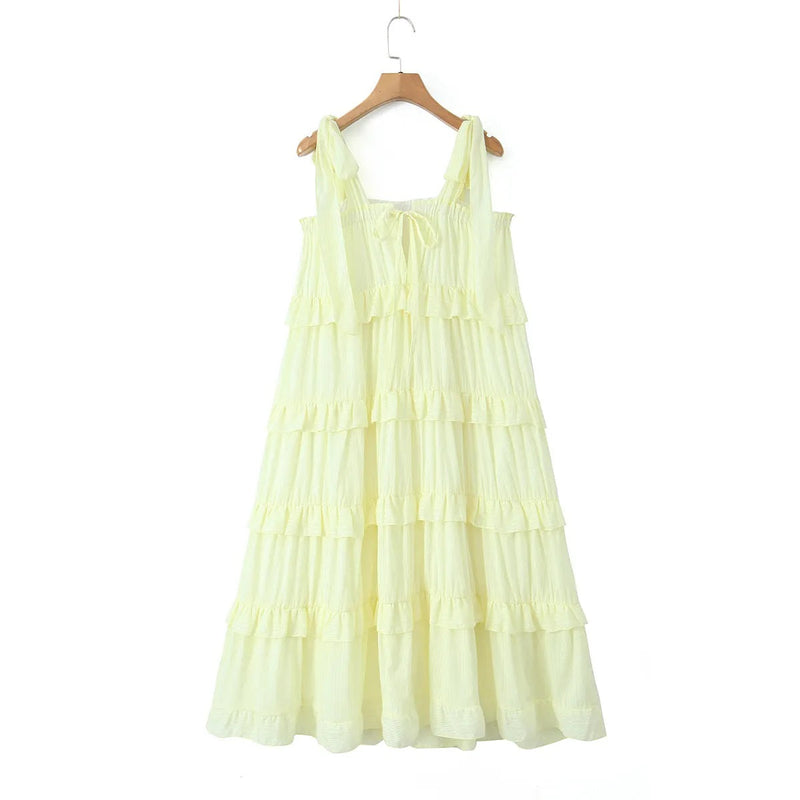 Arzhel Pastel Yellow Shoulder Strap Patchwork Design Midi Dress