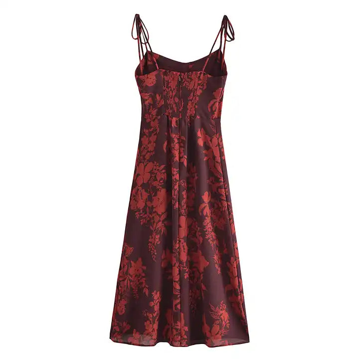 (PRE-ORDER: ETA August 5,2024)Armelle Wine Red Floral All Over Print Shaped Bust Sleeveless Self Tie Side Slit Midi Dress