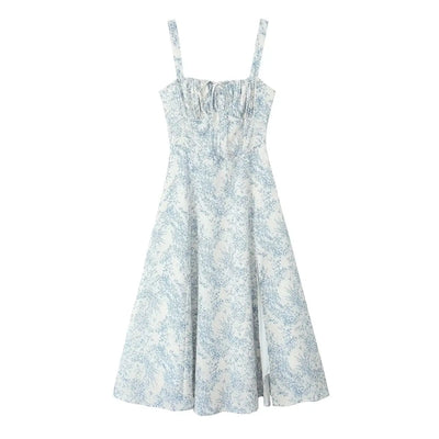 Slovenia Arctic Blue Floral Print Ruched Bust Midi Dress