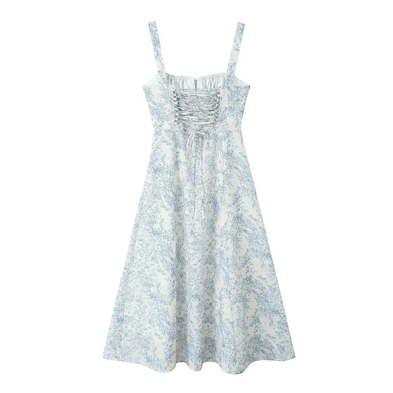 Slovenia Arctic Blue Floral Print Ruched Bust Midi Dress