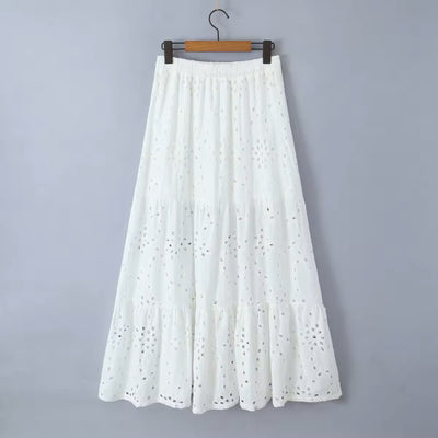 Avena Beige Drawstring Waist Embroidery Eyelet Long Skirt