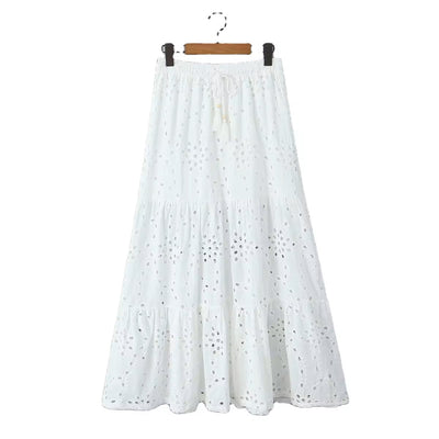 Avena Beige Drawstring Waist Embroidery Eyelet Long Skirt