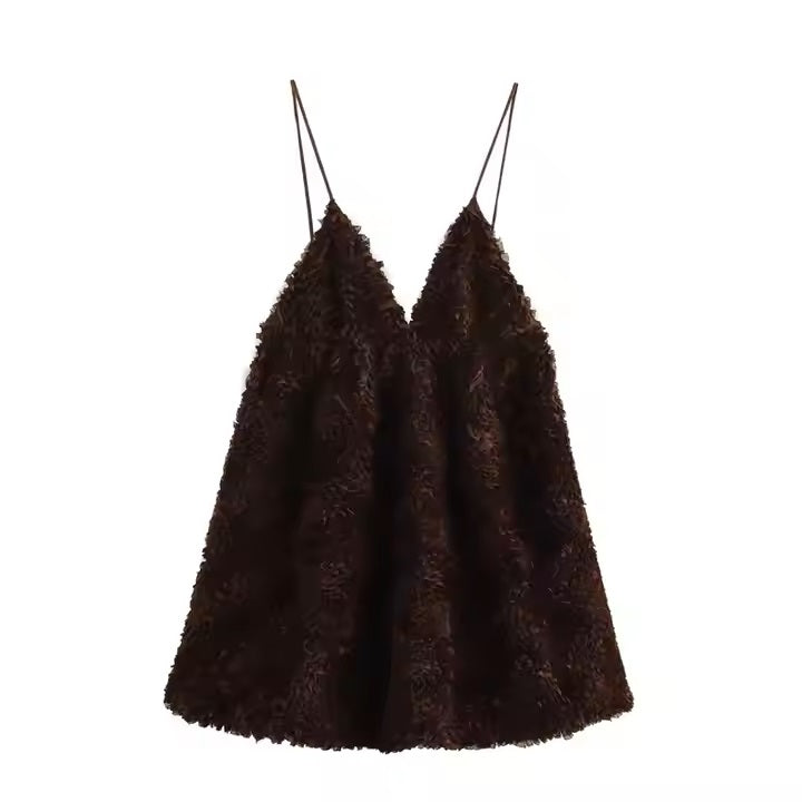 Tinker Cocoa V-neck Fluffy Mini Dress