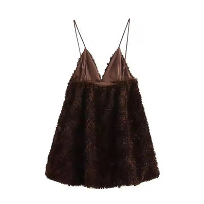 Tinker Cocoa V-neck Fluffy Mini Dress