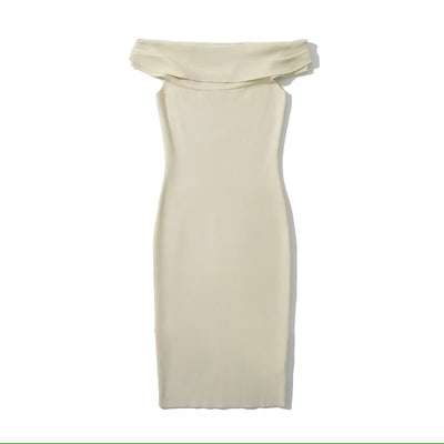 Amadea Beige Slash Neck Sleeveless Knit Mini Dress