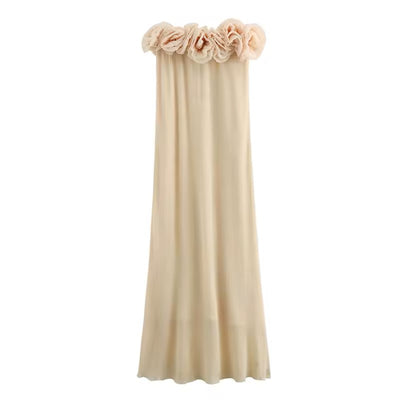 Meygan Beige Elegant Flower Patterned Knitted Midi Dress